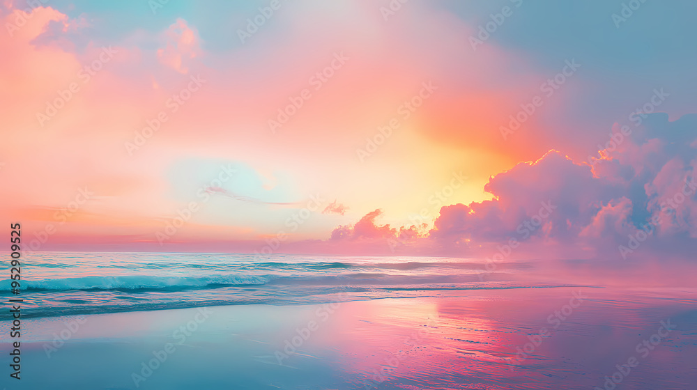 Fototapeta premium Dreamy pastel sunset over calm ocean waves, ethereal pink and blue sky with fluffy clouds, serene tropical beach landscape at twilight