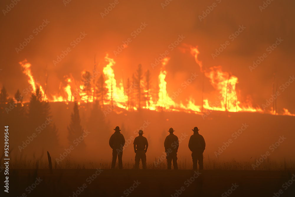 Fototapeta premium Watching a Wildfire | Dramatic Scene of Firefighters and Spectators Observing Nature's Fury