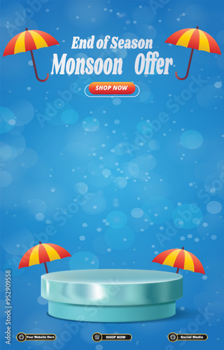 monsoon offer sale discount portait template banner with blank space 3d podium for social media post product sale with abstract gradient blue background design 20