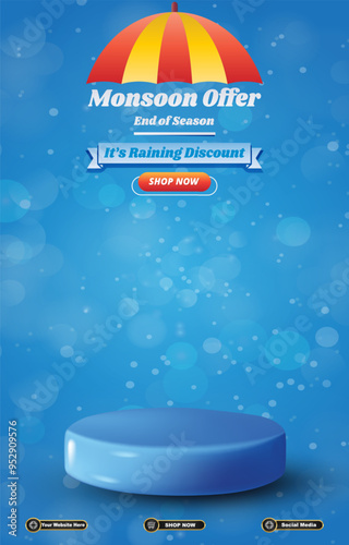monsoon offer sale discount portait template banner with blank space 3d podium for social media post product sale with abstract gradient blue background design 18