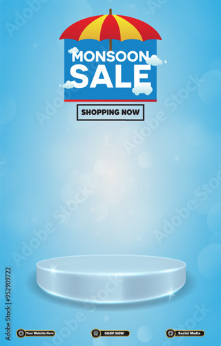 monsoon sale discount portait template banner with blank space 3d podium for social media post product sale with abstract gradient blue background design15