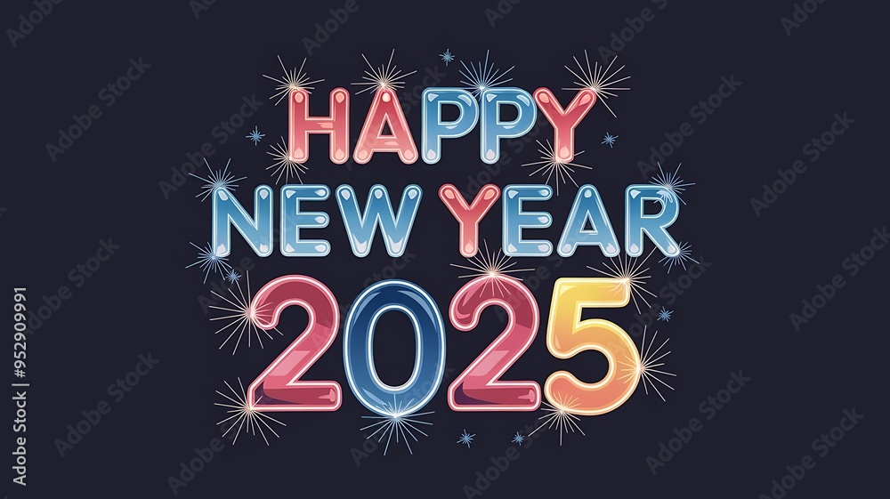 HAPPY NEW YEAR 2025 displayed in colorful, stylized numbers and text