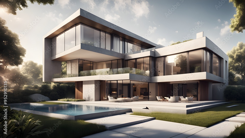 A large, modern house with a pool and a large glass window A large, modern house with a pool and a large glass window