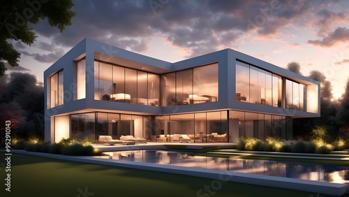 Wallpaper Mural A large, modern house with a pool and a large glass window Torontodigital.ca