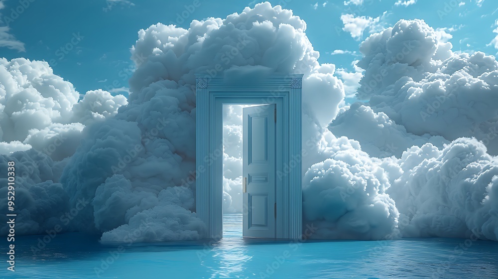Open door in a sea of clouds against a bright blue sky. Open door in a sea of clouds against a bright blue sky.