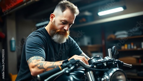 A man with a beard and tattoos working on a motorcycle in a dimly lit garage created with generative ai.