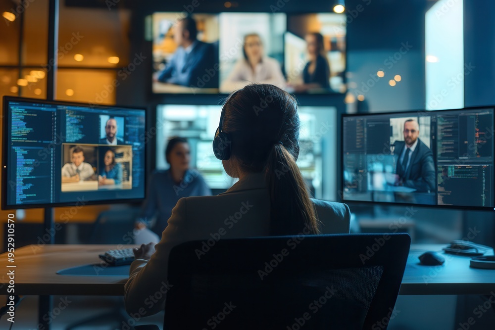 A group of individuals focuses on their computer screens while collaborating in a contemporary office environment during the day. Generative AI A group of individuals focuses on their computer screens while collaborating in a contemporary office environment during the day. Generative AI