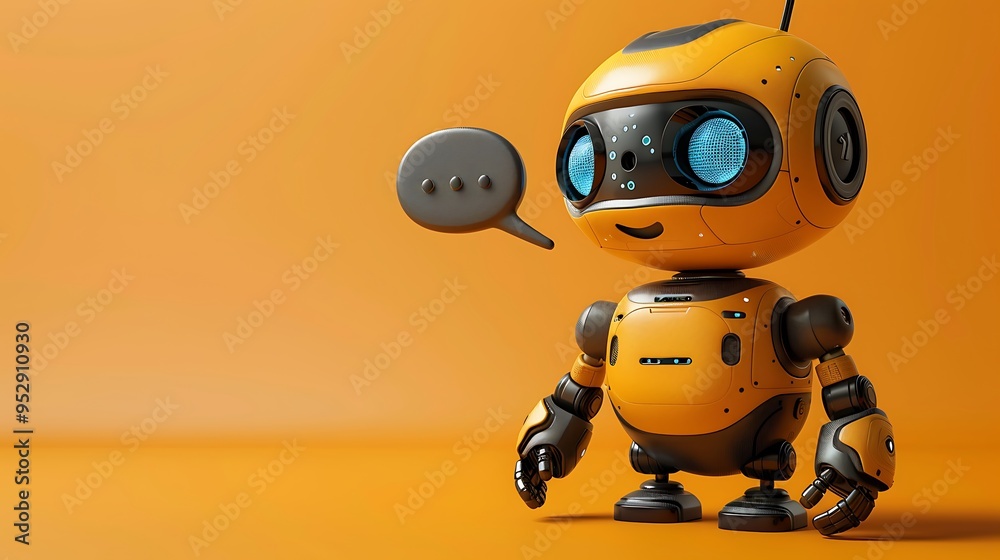 Friendly yellow robot with speech bubble on orange background. Friendly yellow robot with speech bubble on orange background.