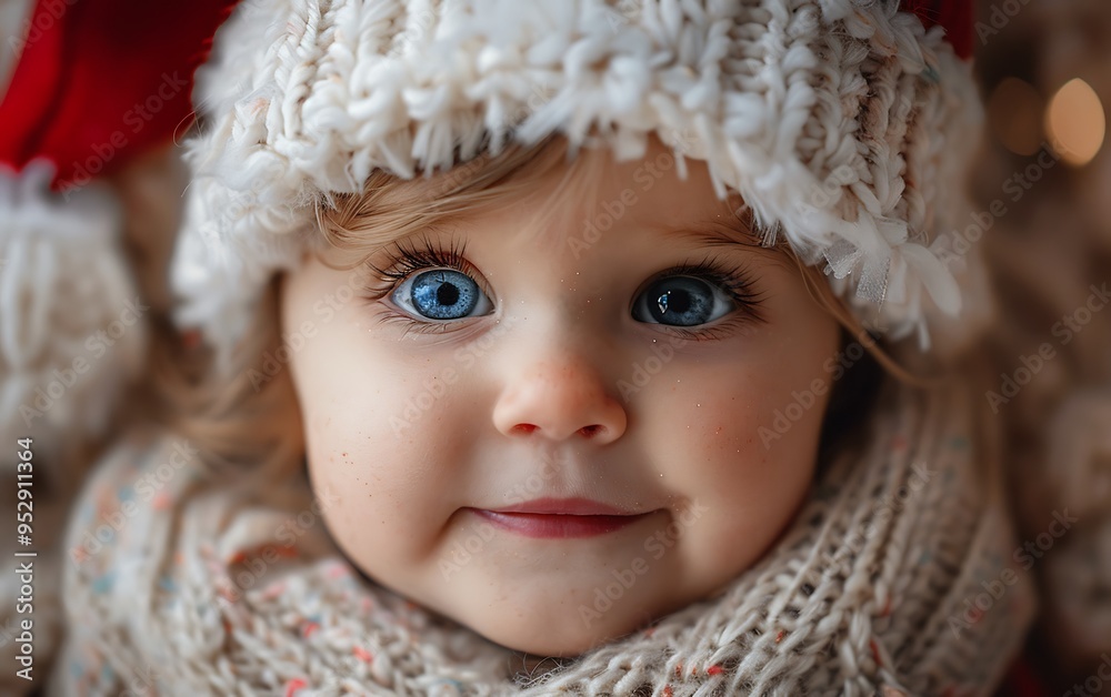 Portrait of a cute baby girl with blue eyes wearing a Santa hat. Portrait of a cute baby girl with blue eyes wearing a Santa hat.