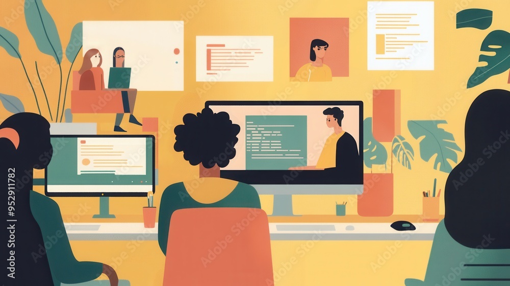 A group of individuals is actively participating and collaborating in front of their computer screens in a vibrant and modern office setup. Generative AI A group of individuals is actively participating and collaborating in front of their computer screens in a vibrant and modern office setup. Generative AI