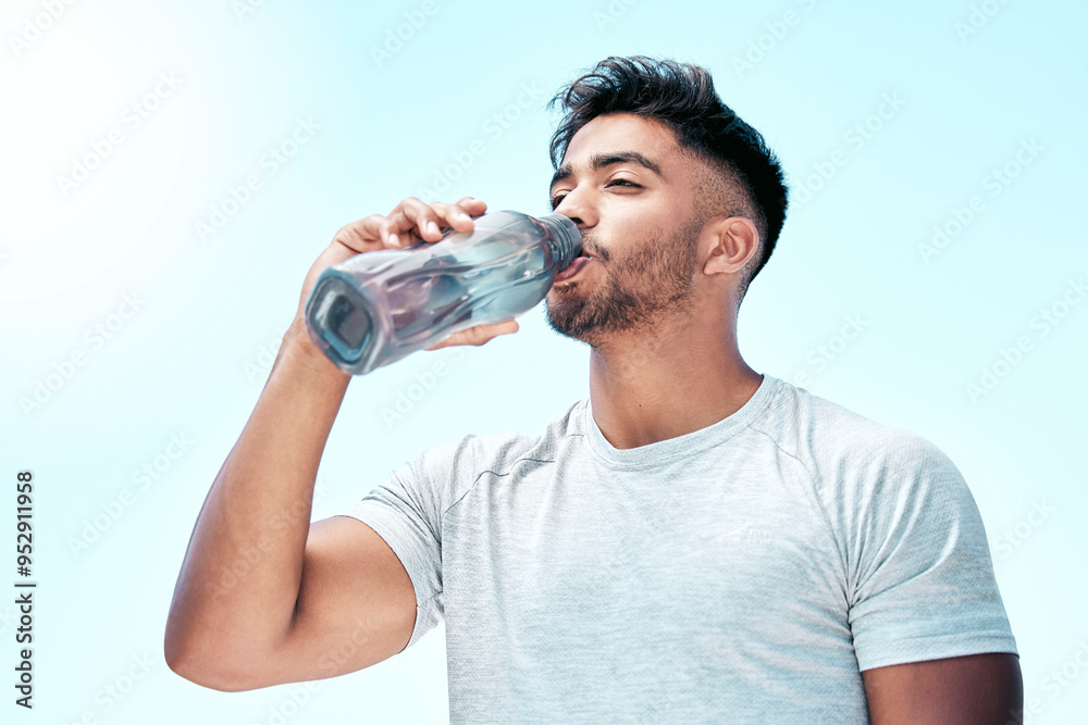 Drinking water, happy and man with fitness, thirsty and proud of muscle, outdoor and exercise for runner. Confident, sporty and wellness with hydration, break and training of person with bottle Drinking water, happy and man with fitness, thirsty and proud of muscle, outdoor and exercise for runner. Confident, sporty and wellness with hydration, break and training of person with bottle