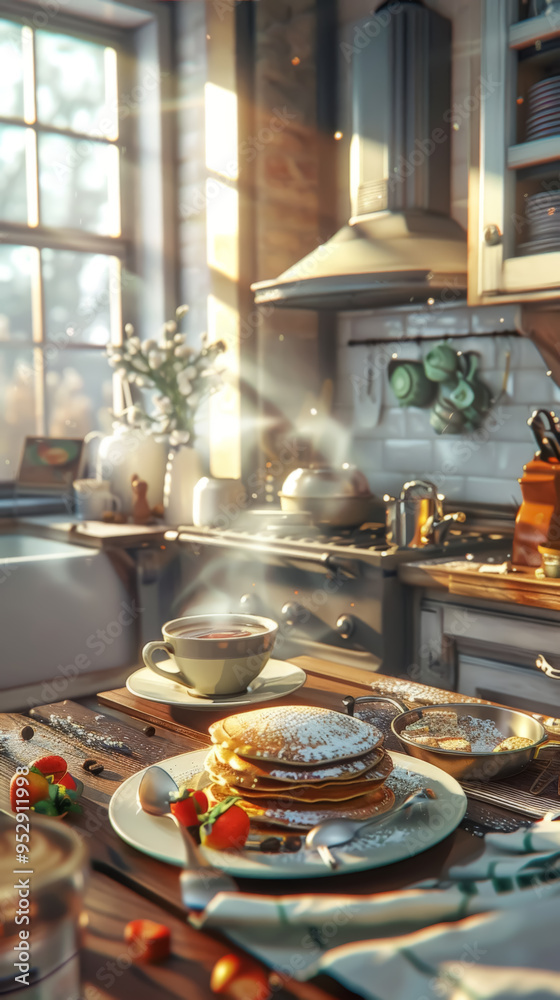 Pancakes and Coffee in a Sunlit Kitchen Pancakes and Coffee in a Sunlit Kitchen