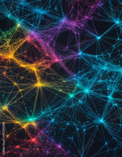 abstract colorful network pattern with multiple interconnected lines and nodes in various shades of purple blue green yellow orange and red