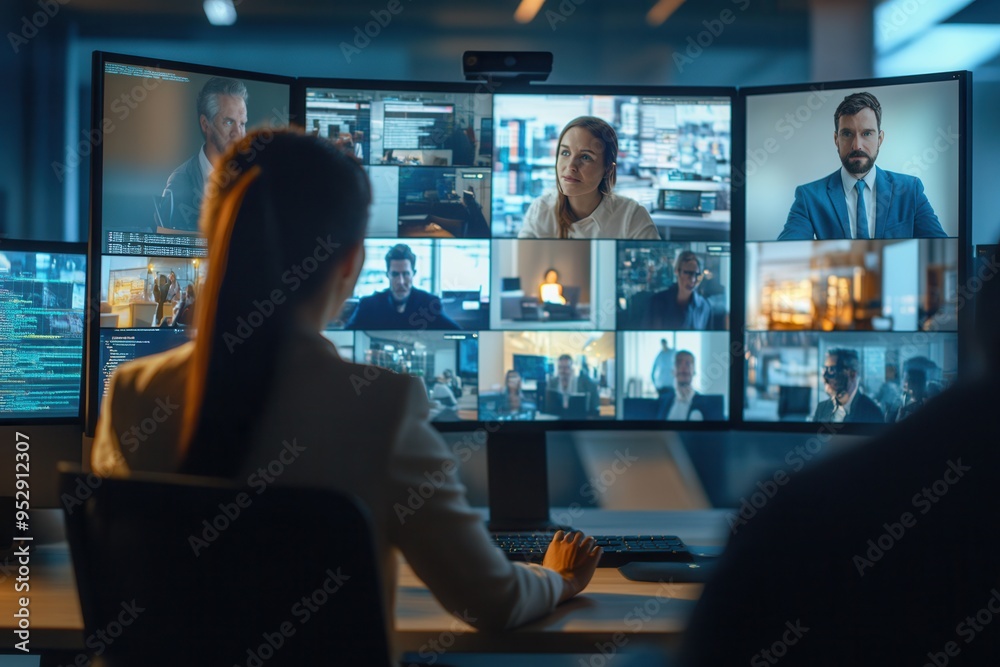 People engage in a virtual collaboration session, viewing multiple meeting feeds on large screens in a modern workspace. Generative AI
