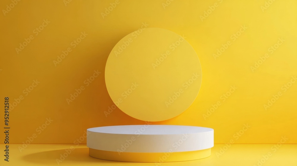 A 3D rendering of a round podium set against a bright yellow backdrop, ideal for highlighting products in a sleek and contemporary style. The scene is vibrant. A 3D rendering of a round podium set against a bright yellow backdrop, ideal for highlighting products in a sleek and contemporary style. The scene is vibrant.