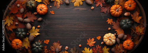 Thanksgiving fall autumn themed banner with leaves and pumpkins on dark wood panel table