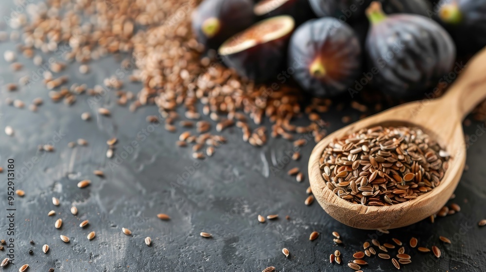 Wooden Spoon Filled with Flax Seeds with Figs in Background