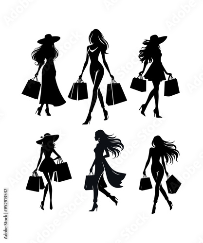 Collection of stylish women silhouettes, elegant and fashionable young females with shopping bags