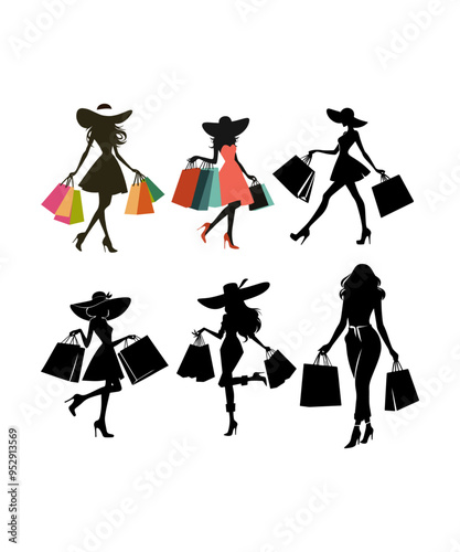 Collection of stylish women silhouettes, elegant and fashionable young females with shopping bags