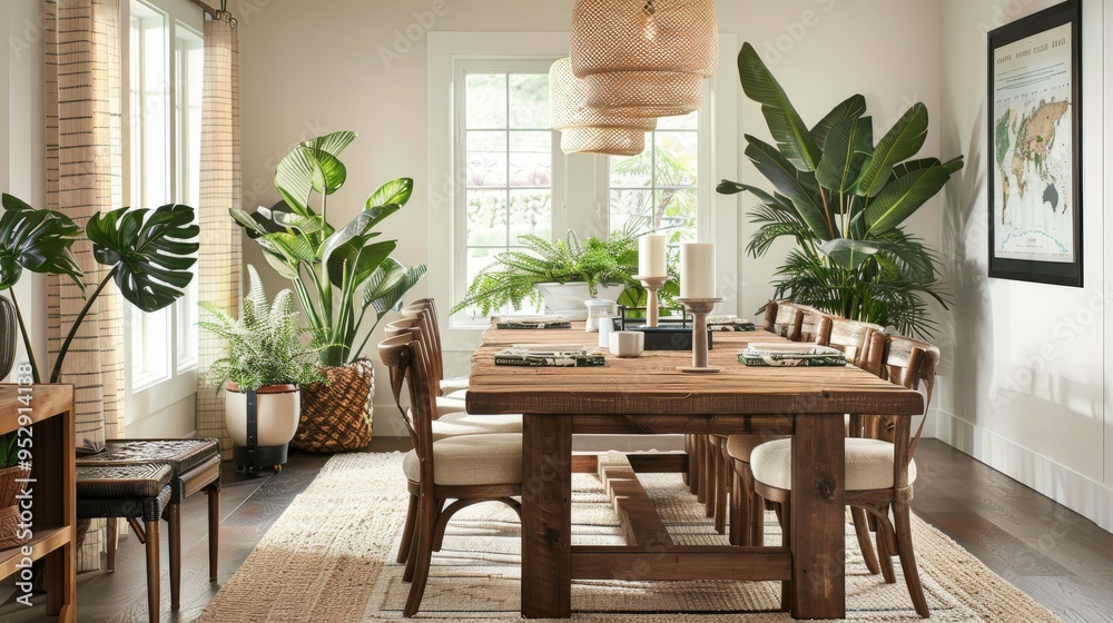 Fototapeta premium Natural Elegance Dining Room: Wooden Table, Plants, and Natural Light 