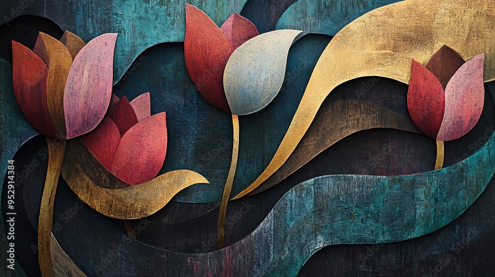 Abstract Art of Multicolored Tulips on Textured Background Abstract Art of Multicolored Tulips on Textured Background