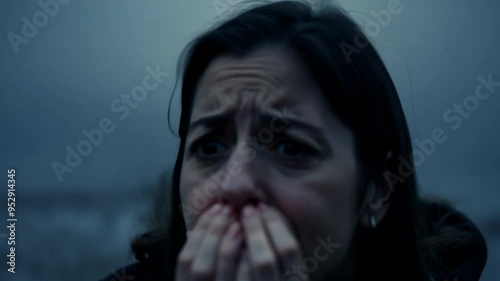 Woman struggles to contain overwhelming emotions, her face reflecting a blend of sadness, fear, and anxiety. Tears stream down as she grapples with deep distress and despair photo