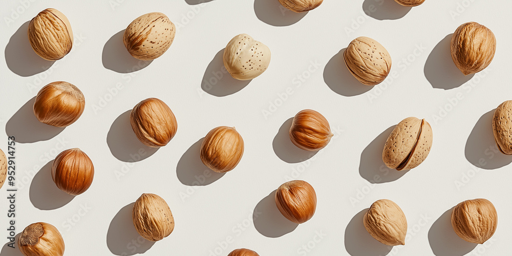 assorted nuts in their shells: walnuts, hazelnuts, and almonds, each with a shadow, scattered across a light grey background assorted nuts in their shells: walnuts, hazelnuts, and almonds, each with a shadow, scattered across a light grey background
