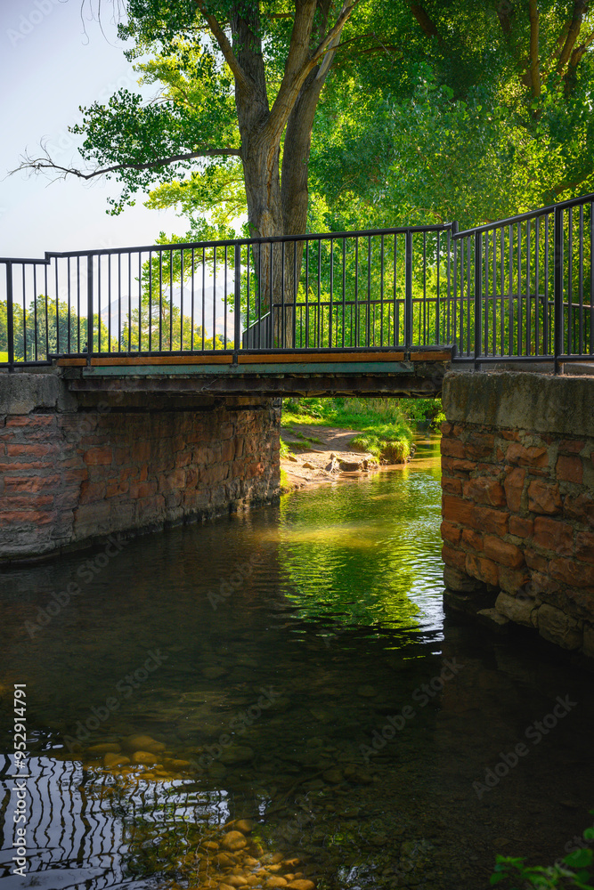Fototapeta premium Tranquil trail with foot bridge and river at Sugar House Park in Salt Lake City, Utah: A beautiful place for walking, relaxing, and recharging