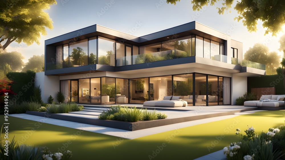 Fototapeta premium A large house with a large lawn and a pool