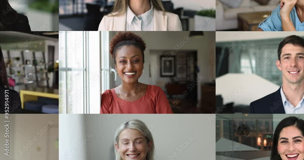 Zoom out collage of numerous head shots of diverse group of people. Portraits of various ages, genders, and ethnicity individuals smiling, looking at camera, posing in offices and home environments