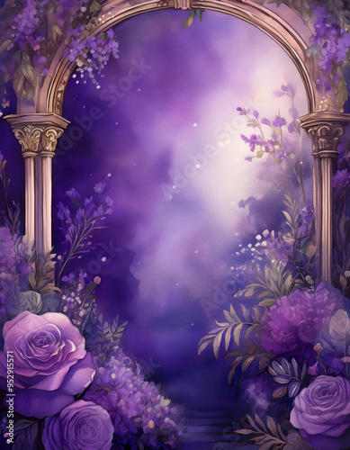 A beautiful purple floral background featuring delicate flowers and swirling designs, perfect for spring themes and artistic projects