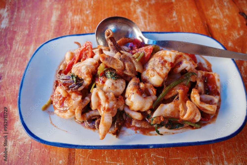 A close-up of a delicious plate of stir-fried squid served with vibrant vegetables in a spicy sauce. A close-up of a delicious plate of stir-fried squid served with vibrant vegetables in a spicy sauce.