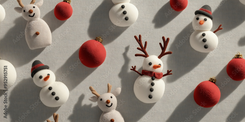 handmade felt ornaments in the shape of reindeer and snowmen, each with a shadow, scattered across a soft grey background