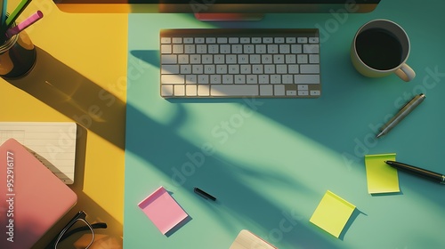 An overhead view of a business desk with a keyboard sticky notes and a pen arranged neatly on the bottom half leaving the top space free for additional content creation photo