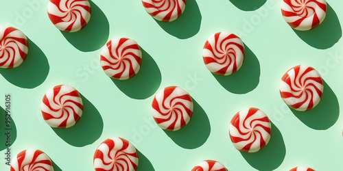 red and white striped peppermint candies, each with a shadow, arranged randomly on a soft mint green background