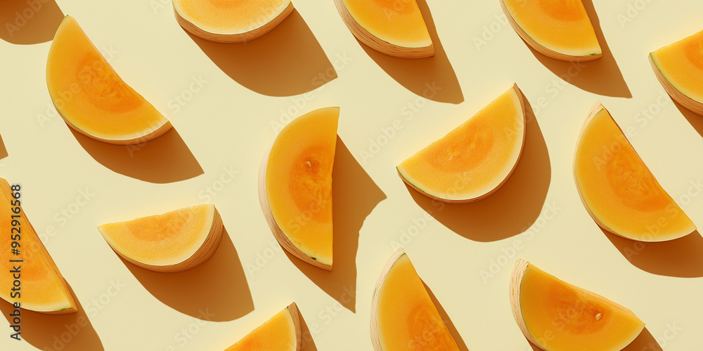 slices of butternut squash, each with a shadow, scattered on a soft yellow background slices of butternut squash, each with a shadow, scattered on a soft yellow background