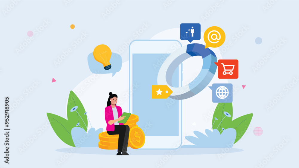 Flat vector illustration of a woman working on a tablet with mobile phone, digital marketing icons, and coins representing online business and innovation.
Flat vector illustration of a woman working on a tablet with mobile phone, digital marketing icons, and coins representing online business and innovation.