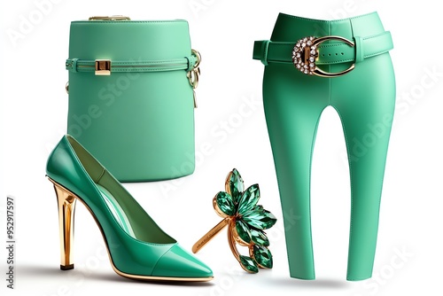 Mint color fashion accessories with a chic and modern twist, captured in a photo where accessories like mint-colored shoes, belts, and bags are styled with contemporary outfits, adding a fresh photo