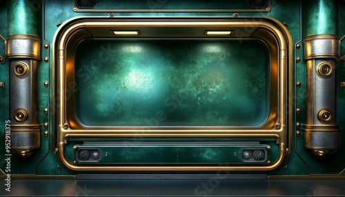Steampunk Display Case with Emerald Green Paneling and Golden Accents