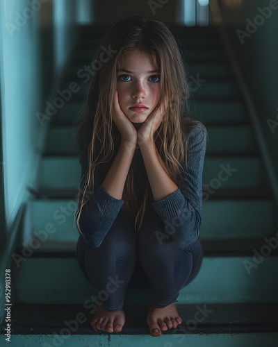 A school girl sits alone in a dark classroom. Her eyes are sad and filled with pain from being bullied. The atmosphere is reflects loneliness. Suitable for use in anti-bullying campaigns in schools.