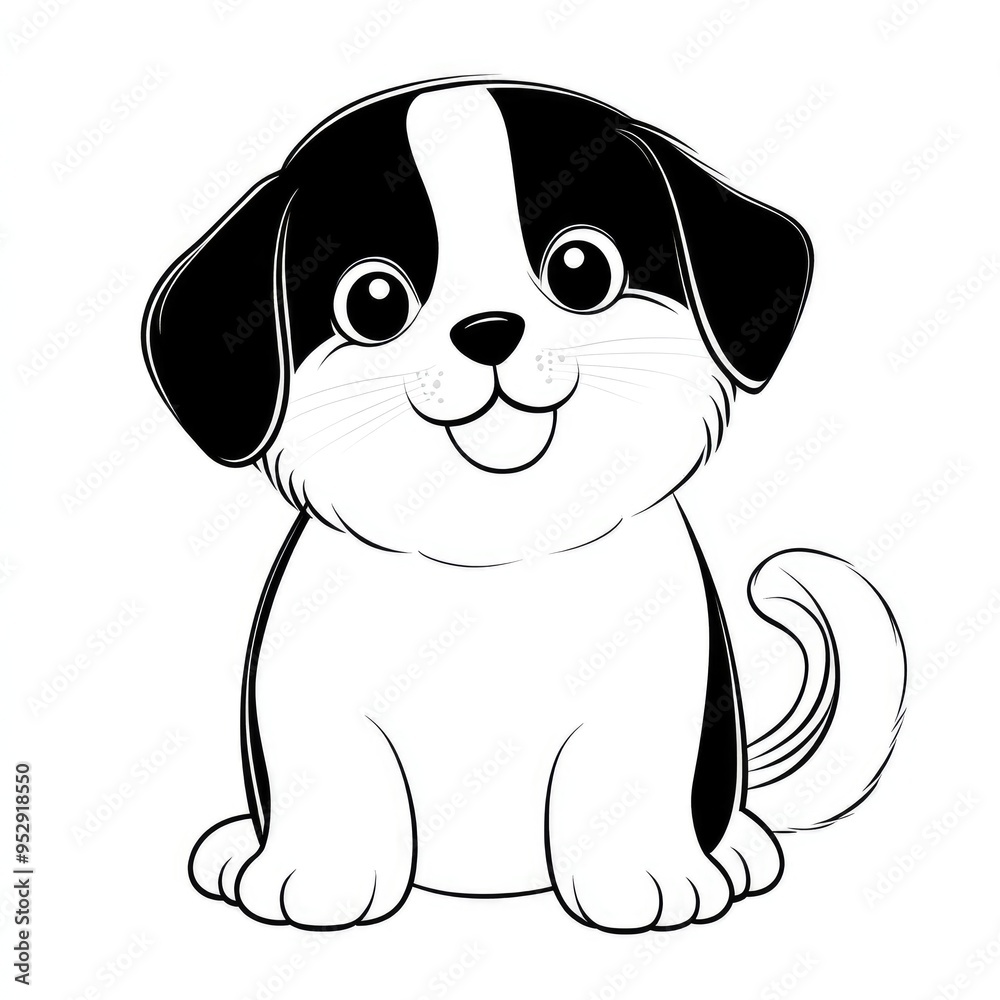 Fototapeta premium Delightful and simple dog coloring page perfect for toddlers to explore their creativity with an adorable cartoon puppy in a playful setting