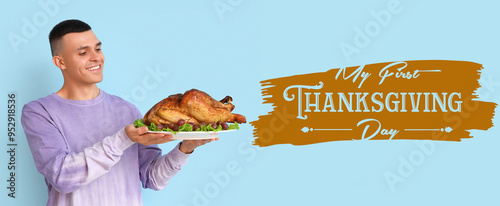 Young man with tasty turkey...