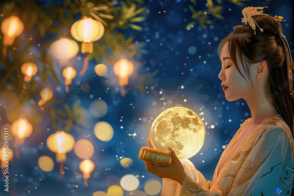 Naklejka premium Enchanting celebration: mid-autumn festival, moon goddess Chang'e holding mooncakes against a moonlit sky, chinese lanterns, unity and abundance traditional festival honoring harvest, lunar deities.