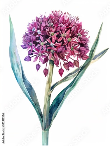 Watercolor Allium Isolated on White Background. Beautiful Allium Flower