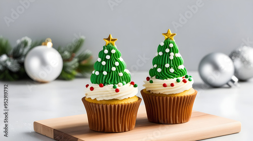 Festive Christmas cupcakes decorated as holiday trees with colorful ornaments and stars on top.