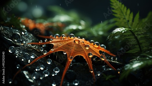 Water droplets on a spider web among garden foliage