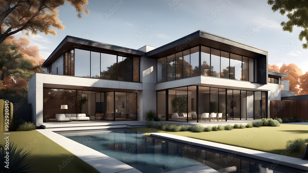 Fototapeta premium A large house with a pool and a large glass window