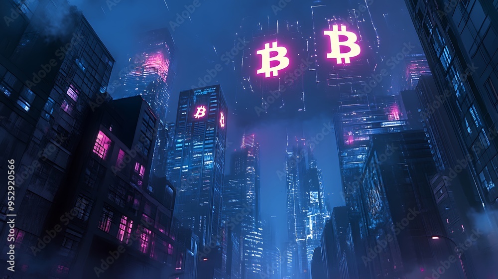 Fototapeta premium Cyberpunk Cityscape with Glowing Bitcoin Symbols