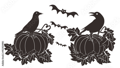 Pumpkins and crows for Halloween or Thanksgiving flat icons for apps and websites