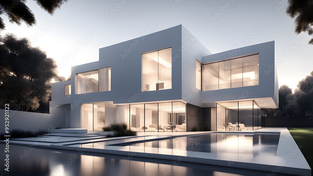 A large white house with a pool and a large glass window A large white house with a pool and a large glass window